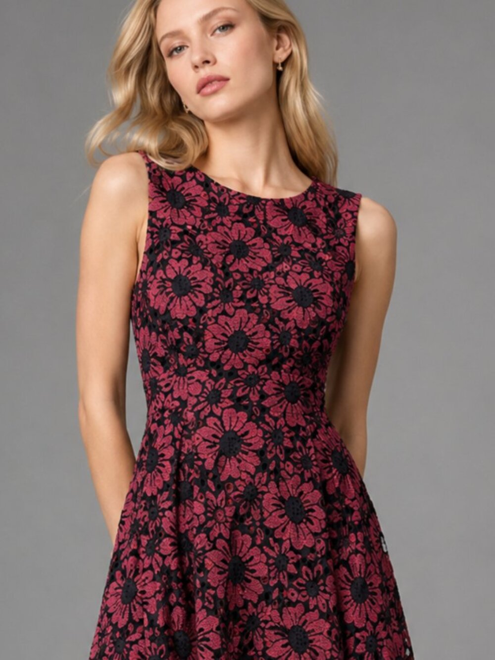 Floral Jacquard Lace Dress Pink Black Fit & Flare